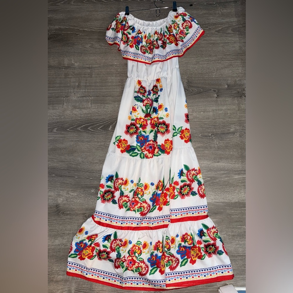 Floral Strapless Maxi Dress - White with Multicolor Accents